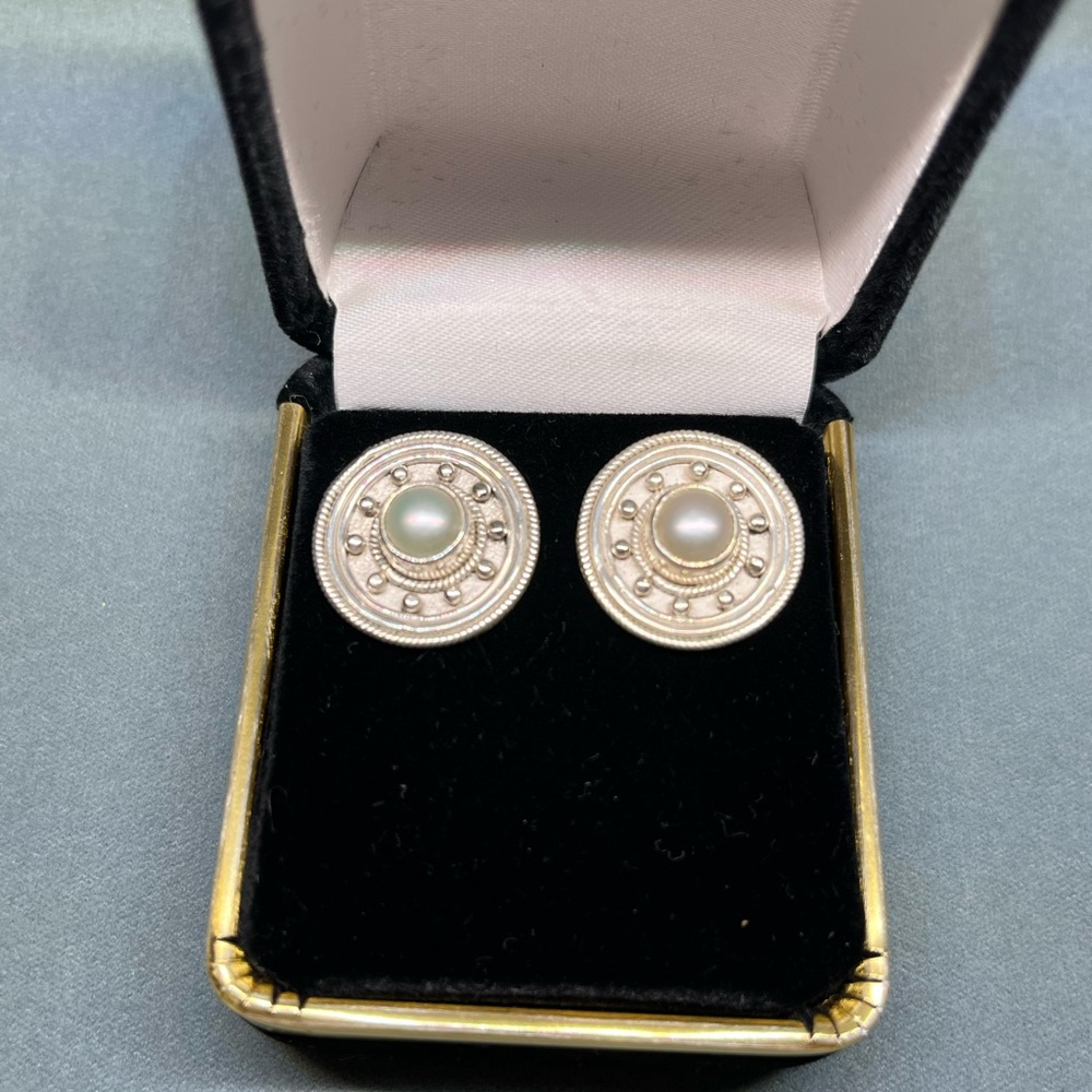 Silver-Tone Pearl Accent Round Stud Earrings